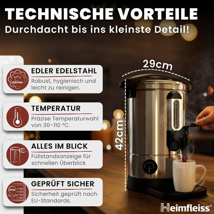 Heimfleiss® Glühweinkocher 6,8L aus Edelstahl | 1500W Einkochautomat für Glühwein, Punsch & Wasser |