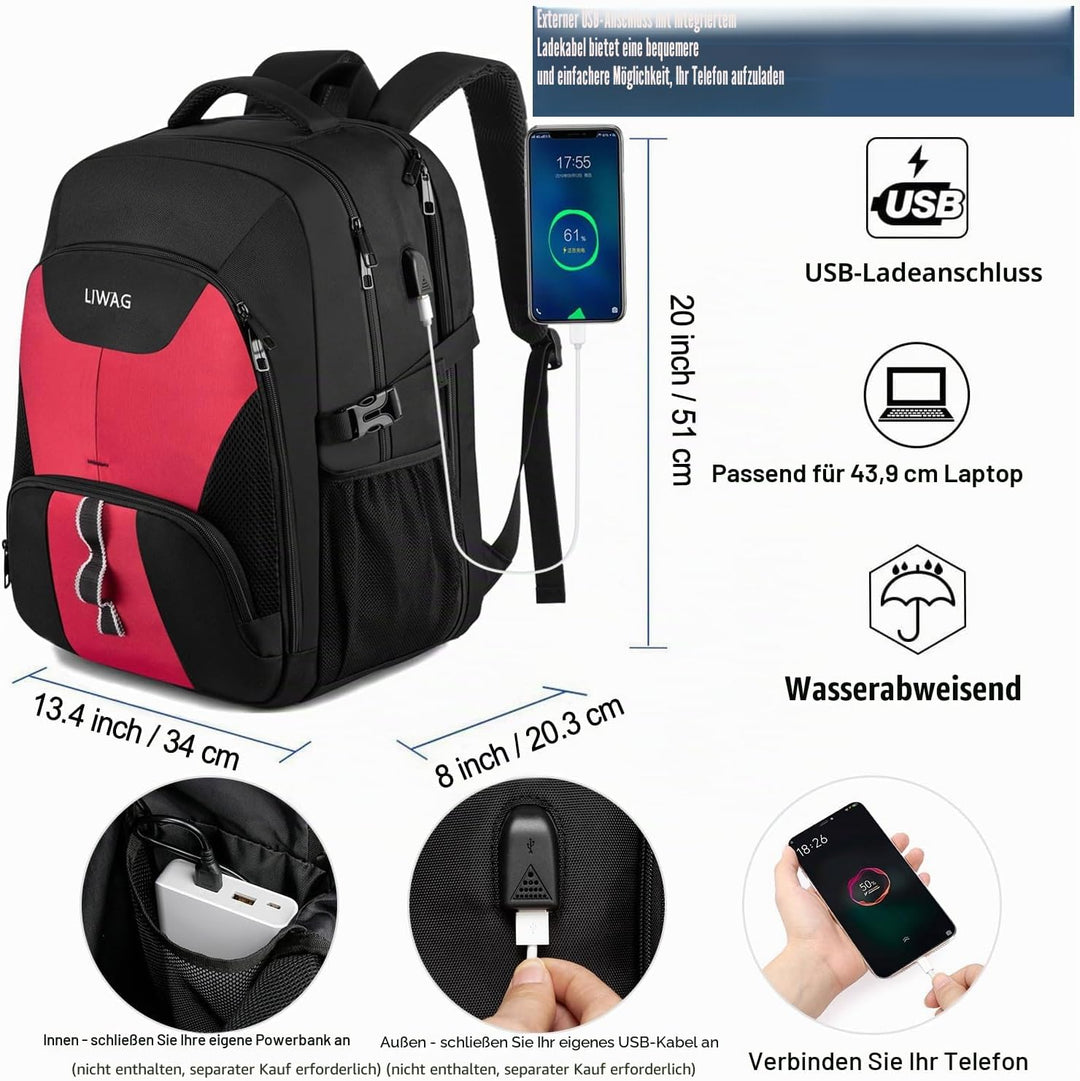 Extra Gross Rucksack Damen 50L Wasserdicht 17 Zoll Laptoptasche Arbeit Laptop Rucksack mit USB Ladea