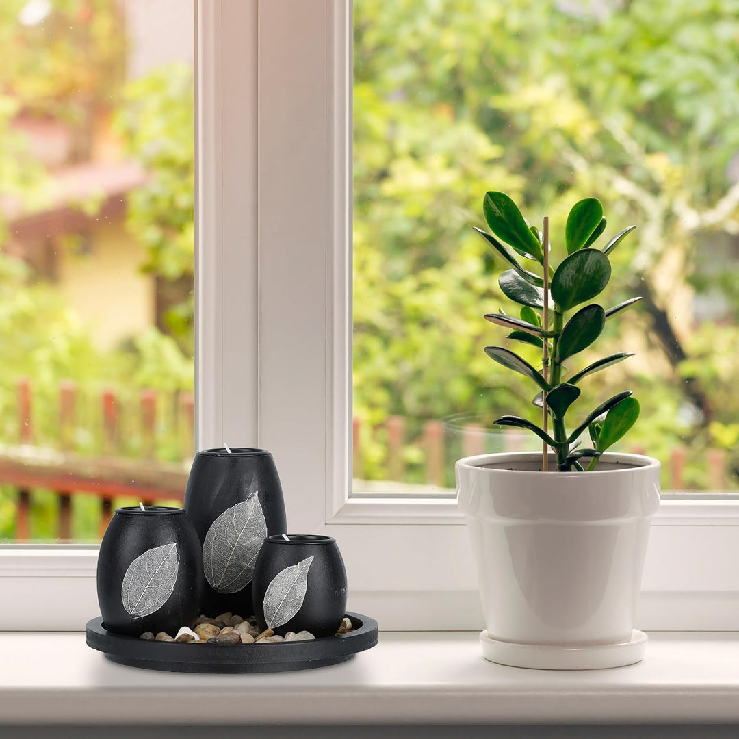 Relaxdays Teelichthalter Set mit Tablett & Steinen, Ø 19,5 cm, Tischdeko Wohn- & Esszimmer, Kerzenha