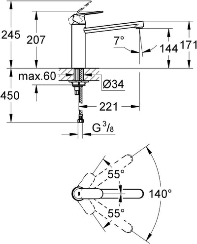 GROHE Eurosmart Cosmopolitan - Spültischarmatur (mittelhoher Auslauf, Schwenkbereich 140°, langlebig