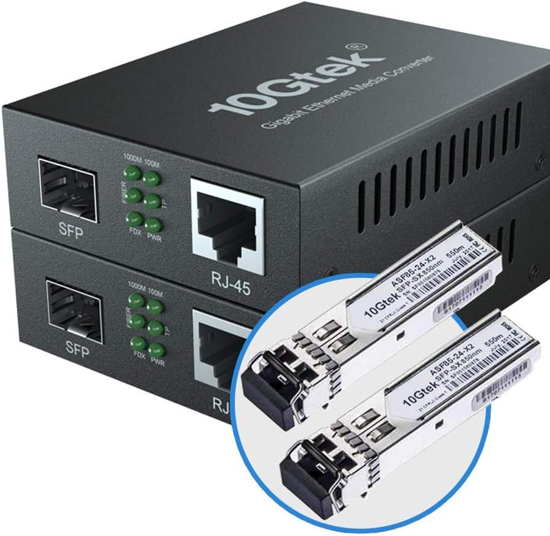 10Gtek® [2 Stück] Gigabit Ethernet Medienkonverter, SFP Slot mit SFP SX Modul, Multi-Mode Dual LC Fa