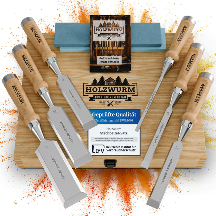 HOLZWURM Profi Stechbeitel-Satz für Holz, Stemmeisen-Set mit Schleifstein, 6 Meissel, Anleitung zum