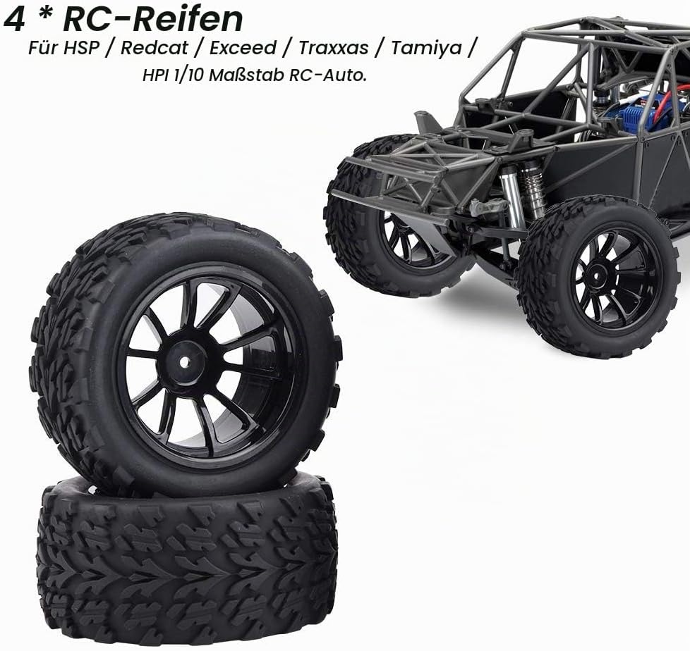 BuyWeek RC-Reifen, 4 Stück Gummi-RC-Autoreifen mit Naben für RC-LKW im Massstab 1:10(10 Holes), 10 H