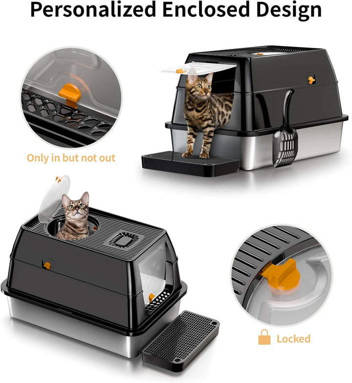 XXL Edelstahl Katzenklo geruchsfrei mit Deckel, grosse Katzentoilette aus Edelstahl, Geschlossen Kat