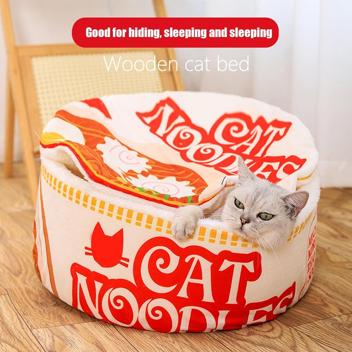 Ramen Cute Cat Bed Nest, Soft Noodle Bowl Design, Plush Covered Pet Sofa, Cozy Creative Kennel House