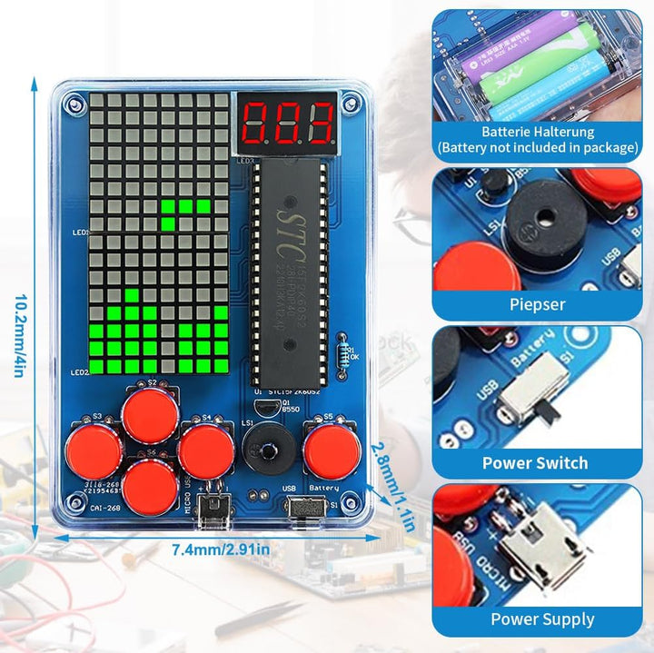 DIY Spielekonsole Löten Bausatz, Elektronik Baukasten Handheld Game Console Kit mit Acrylgehäuse, Lö