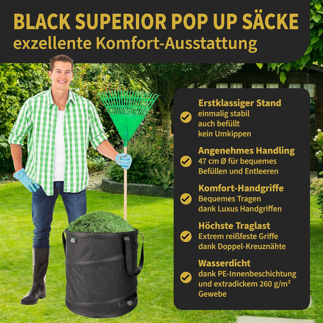 TTL Garden BLACK SUPERIOR 3x 85L Pop Up Gartensack - DOPPELTER BODEN 260gsm extra stabil 600D Oxford