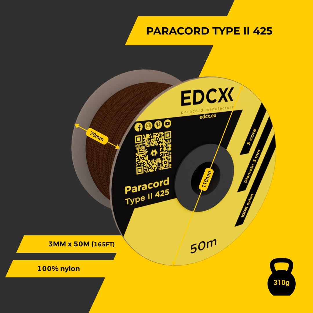 EdcX 3mm Nylon Paracord 425 (15, 30, 50 und 100m) - Typ II, 100% Nylonseil, 3 Litzen Seil, 3mm Nylon