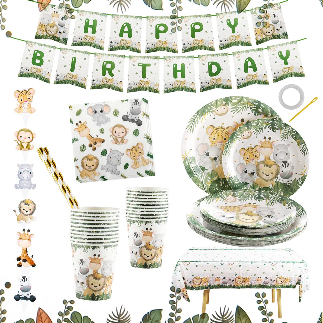 Dschungel Safari Partygeschirr Set,Junge Einweggeschirr Set 126 Stück Papier Teller Tassen Serviette