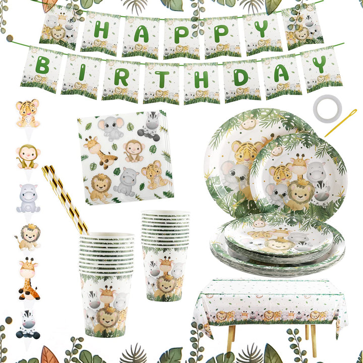 Dschungel Safari Partygeschirr Set,Junge Einweggeschirr Set 126 Stück Papier Teller Tassen Serviette