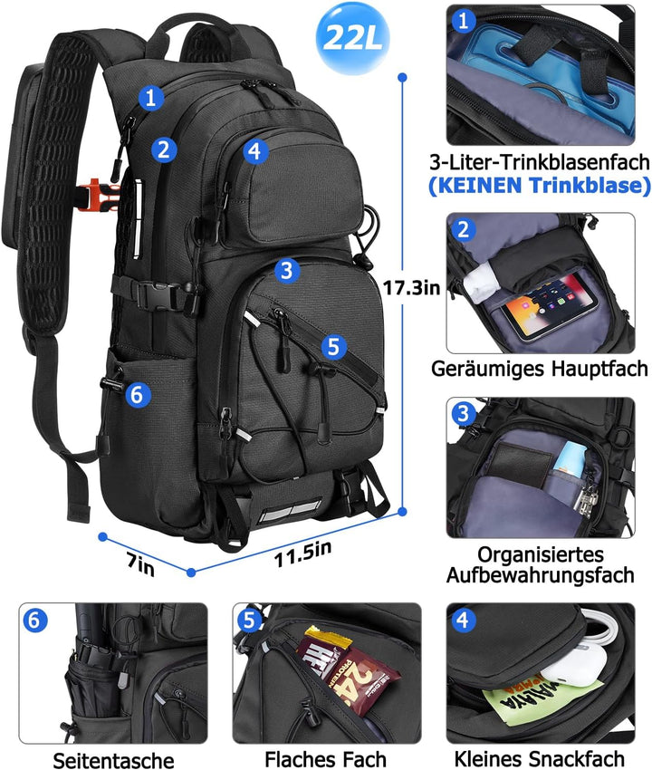 22L Wanderrucksack Herren Damen, Klein Rucksack Leicht Reiserucksack mit Telefonhalter, Trekkingruck