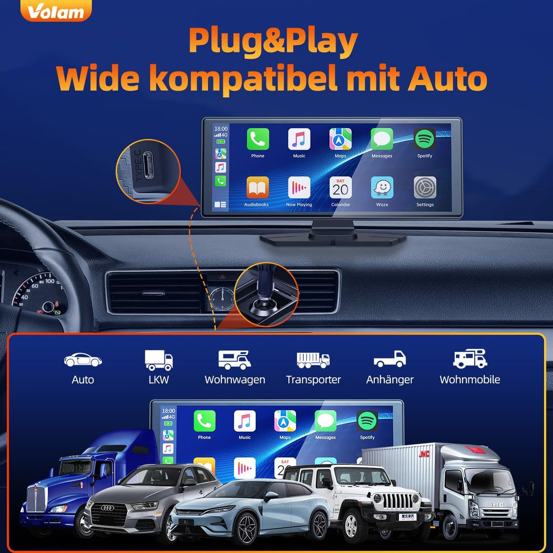 Volam 9.26 Zoll CarPlay Bildschirm,Tragbares Autoradios kompatibel mit Apple CarPlay&Android Auto,Ca
