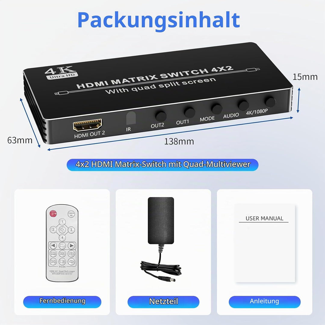HDMI Matrix Switcher 4x2 mit Multiview, Bolaazul 4K HDMI Multi-Visor Quad Multi-Viewer Dual Monitor