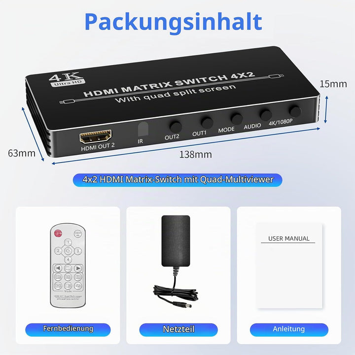 HDMI Matrix Switcher 4x2 mit Multiview, Bolaazul 4K HDMI Multi-Visor Quad Multi-Viewer Dual Monitor
