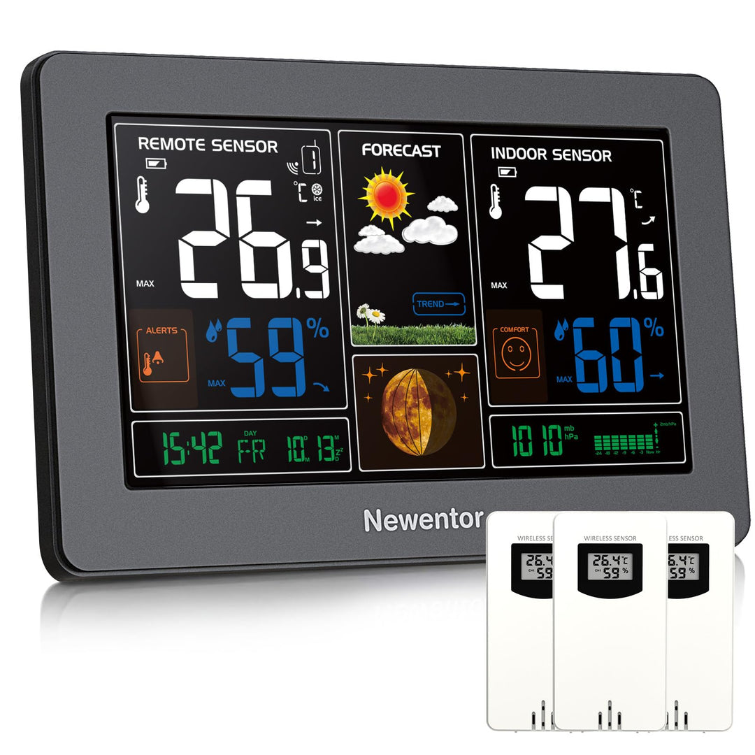 Newentor Wetterstation Funk mit 3 Aussensensoren - Funkwetterstation mit Wettervorhersage, Temperatu
