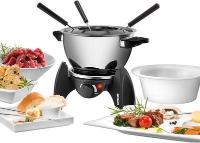 UNOLD Fondue-SET, Wechseltopf (Edelstahl/Keramik), Zubehör, für 6 Personen, 48615, Schwarz, Silber