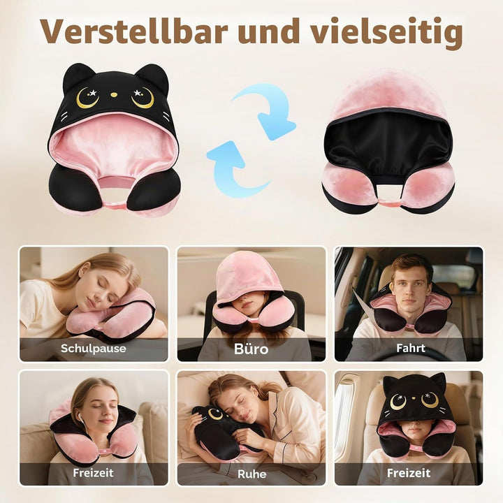 Mewaii Rosa Nackenkissen Flugzeug mit Katzenkapuze, Memory-Schaum | Verstellbare Träger, waschbarer