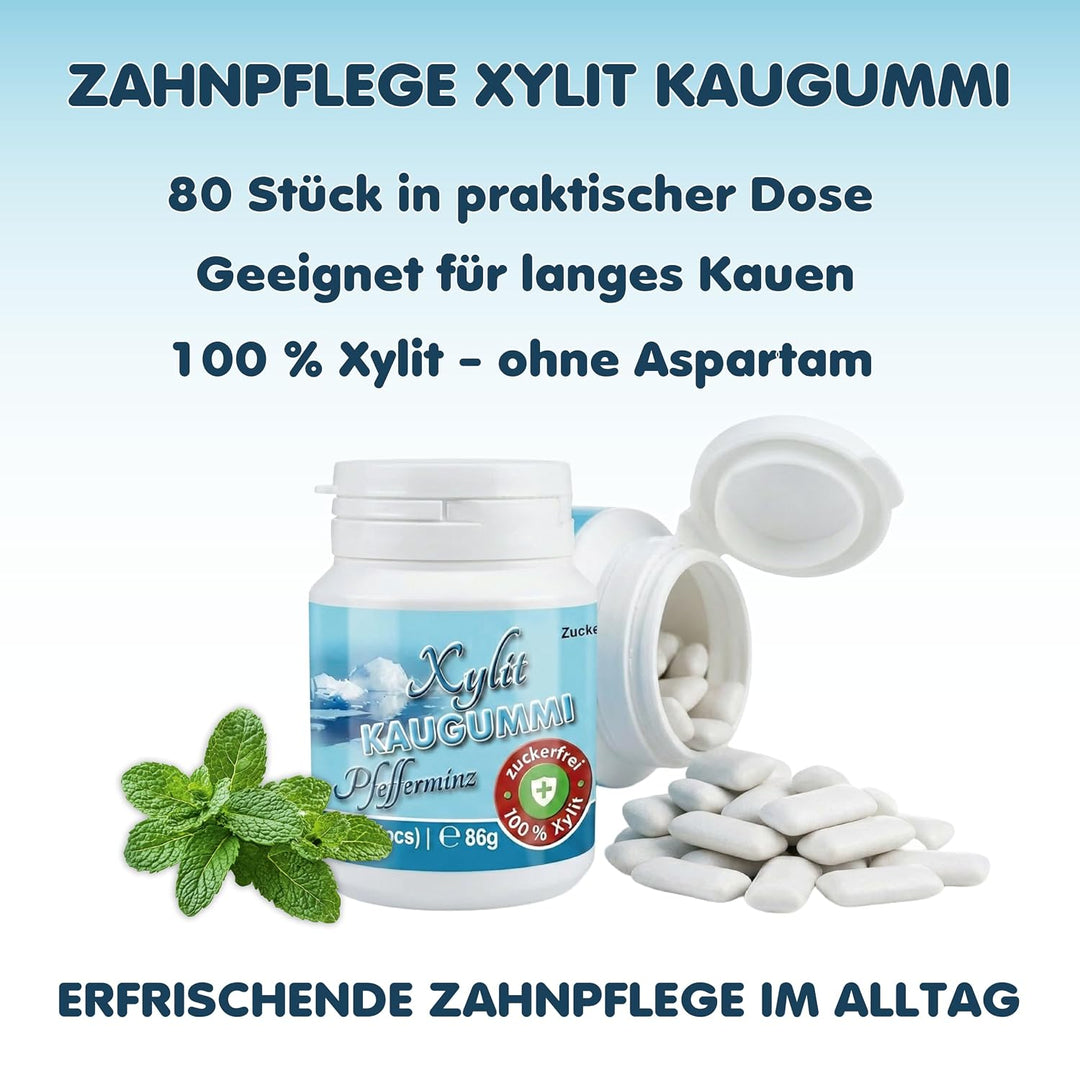 Xylitquelle Zahnpflegekaugummi PFEFFERMINZ | 3 x 80 Stk | 100% Xylit für angenehmen Atem | zuckerfre