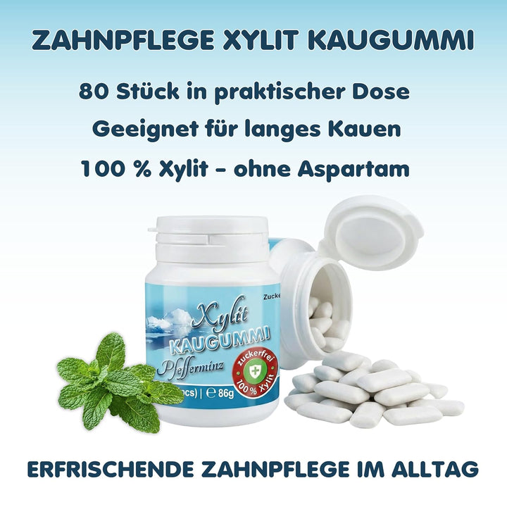 Xylitquelle Zahnpflegekaugummi PFEFFERMINZ | 3 x 80 Stk | 100% Xylit für angenehmen Atem | zuckerfre