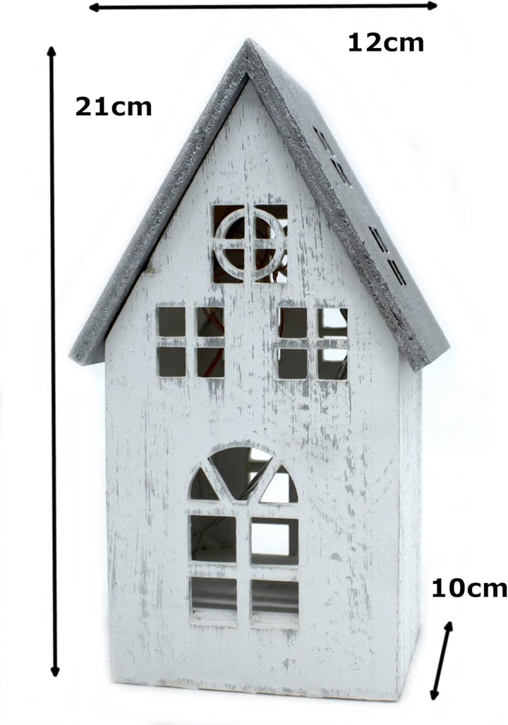 DARO DEKO Holz LED Haus weiss Silber 12 x 21cm, 12 x 21cm