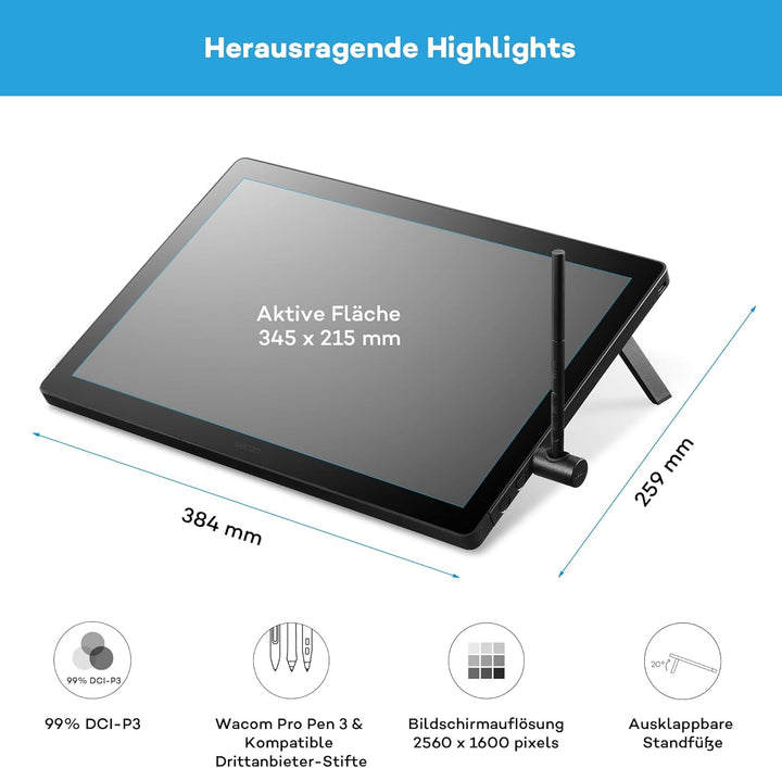 Wacom Cintiq 16 (2025 Edition) – Kompaktes 2.5K Kreativ-Stiftdisplay mit Wacom Pro Pen 3, entspiegel