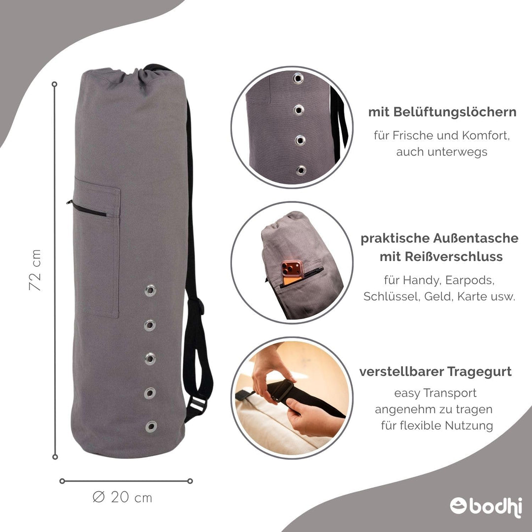 Bodhi Yogatasche Canvas Bag, grosse Yogamattentasche aus Baumwolle, Seesack, strapazierfähig, anthra