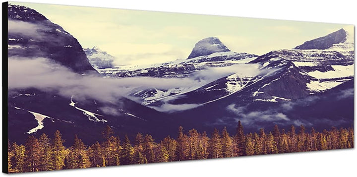 Paul Sinus Art Panoramabild auf Leinwand und Keilrahmen 150x50cm Kanada Berge Wald Schnee Nebel