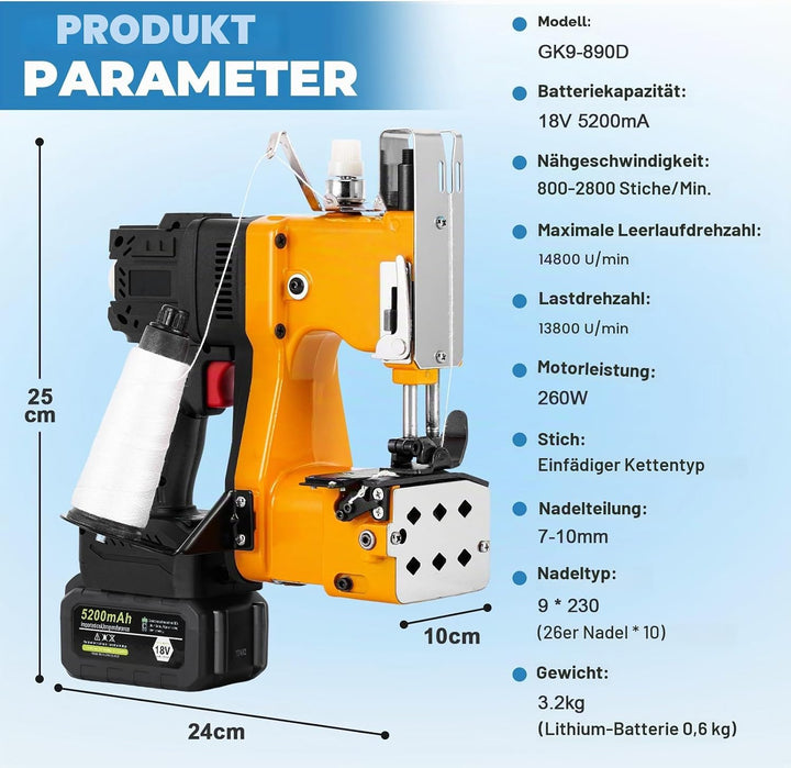 MXBAOHENG Sacknähmaschine mit 2 akkus 21 V Einstellbare Geschwindigkeit Beutelverschliessmaschine mi