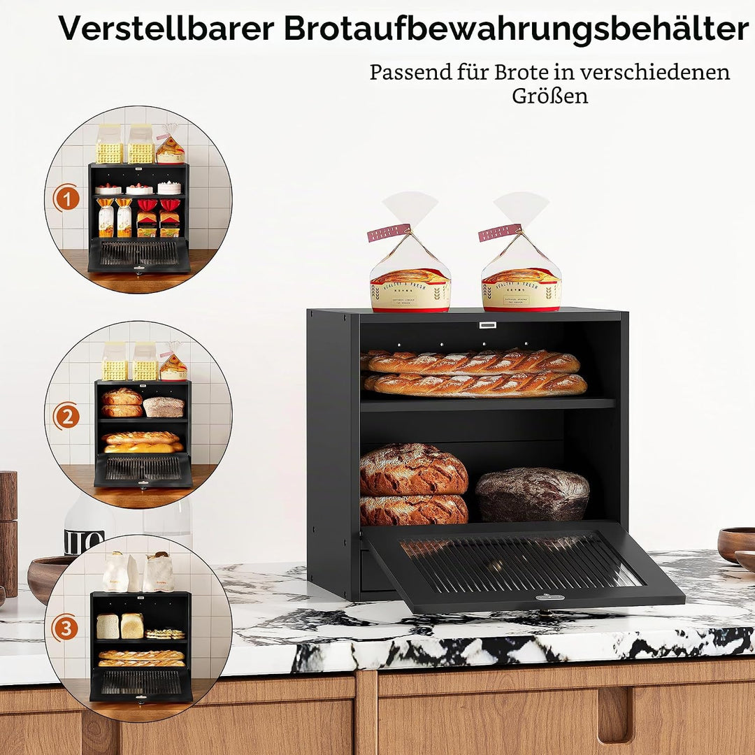 Alpeir Brotkasten Holz Gross 2 Etagen Brotbox mit Magnetisch Acryl Sichtfenster und Schublade, Ecke