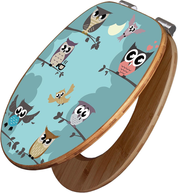 banjado® Design WC Sitz Bambus Absenkautomatik mit Motiv Acht Eulen/Toilettendeckel mit Absenkautoma