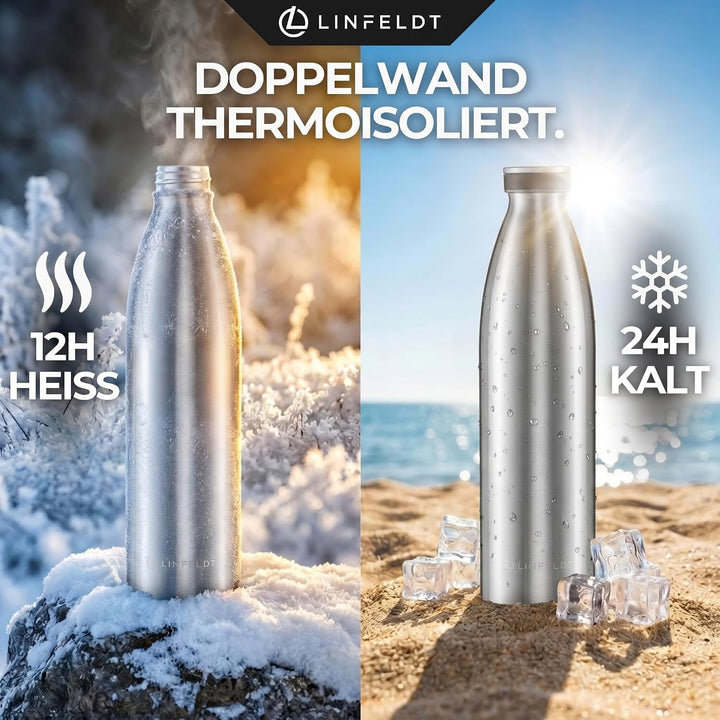 LINFELDT 1L Trinkflasche Edelstahl Isoliert 24H Auslaufsicher + Sprudel - 1000ml Wasserflasche geign