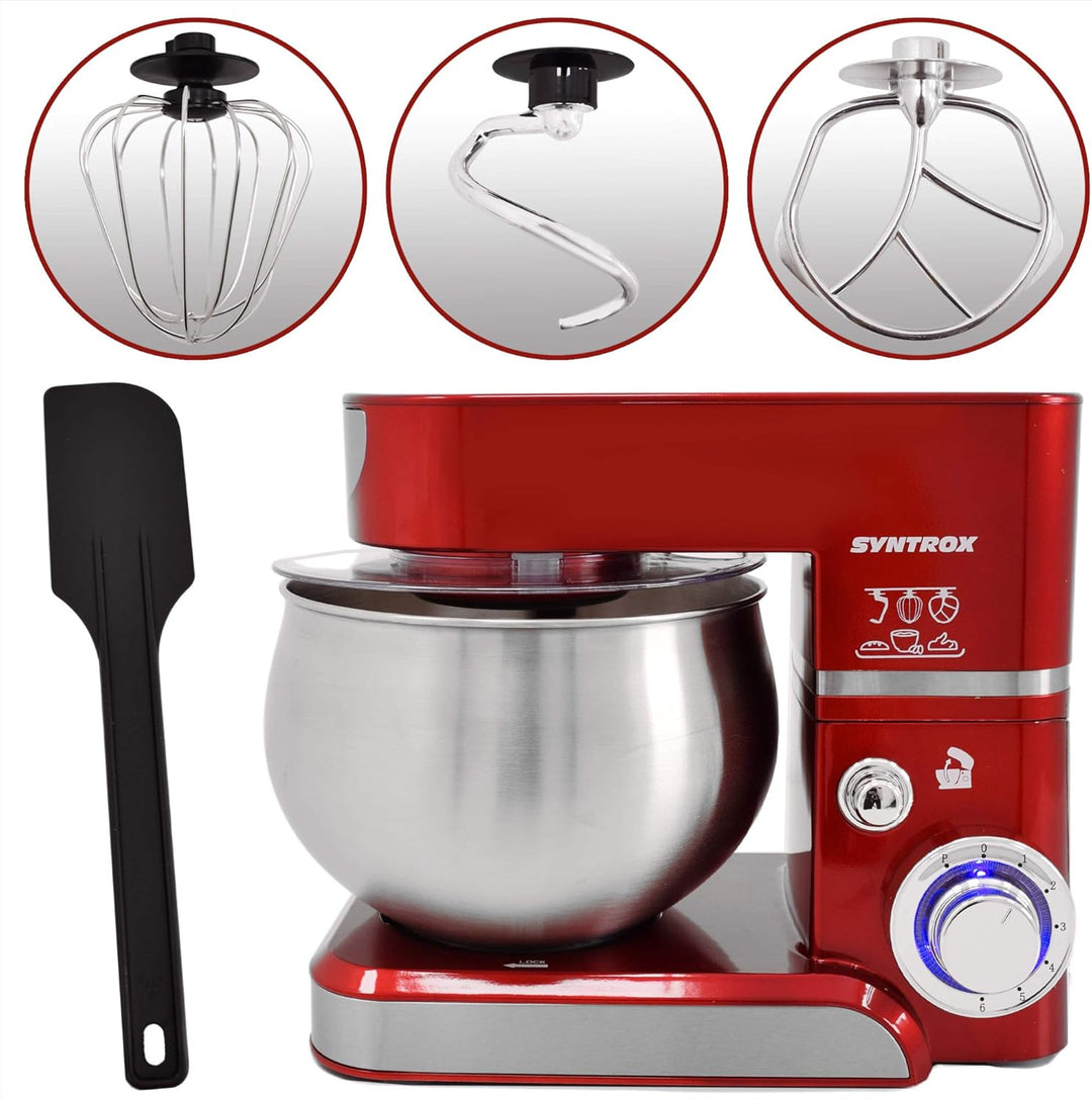 Syntrox Germany KM-5.0L Basic Red Küchenmaschine Knetmaschine, Edelstahl-Behälter, 5 Liter, rot