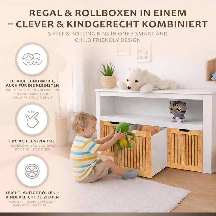 ONVAYA Sideboard mit Rollboxen - Praktisches Kinder Bücherregal und Kuscheltier Aufbewahrung - Moder