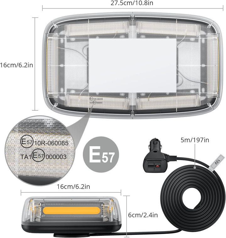 Justecheu 6 COB LED 60W Warnblitzlicht Rundumleuchte Amber Notfall Warnleuchte IP67 E9 12/24V Arbeit