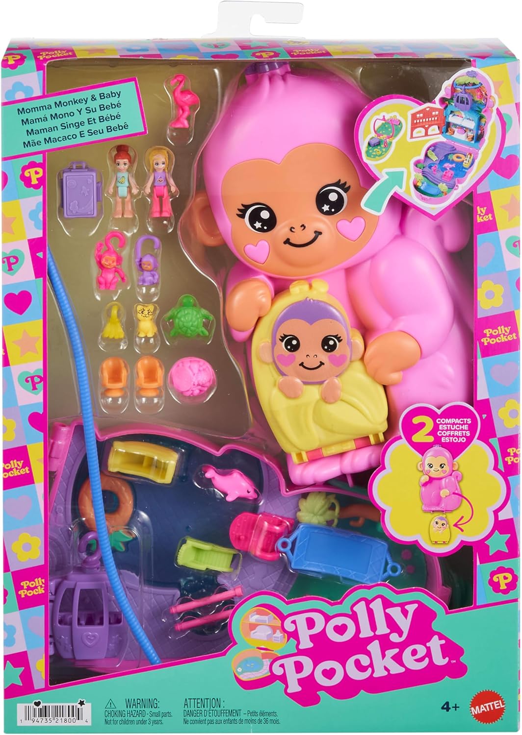 Polly Pocket Puppen & Spielset mit Tieren und 13 Accessoires, 2-in-1 Affenmama und Baby, tragbare Ta