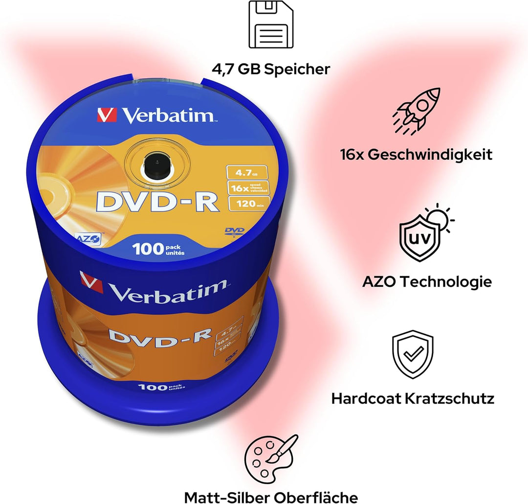 Verbatim DVD-R 16x Matt Silver 4.7GB, 100er Pack Spindel, DVD Rohlinge beschreibbar, 16-fache Brenng