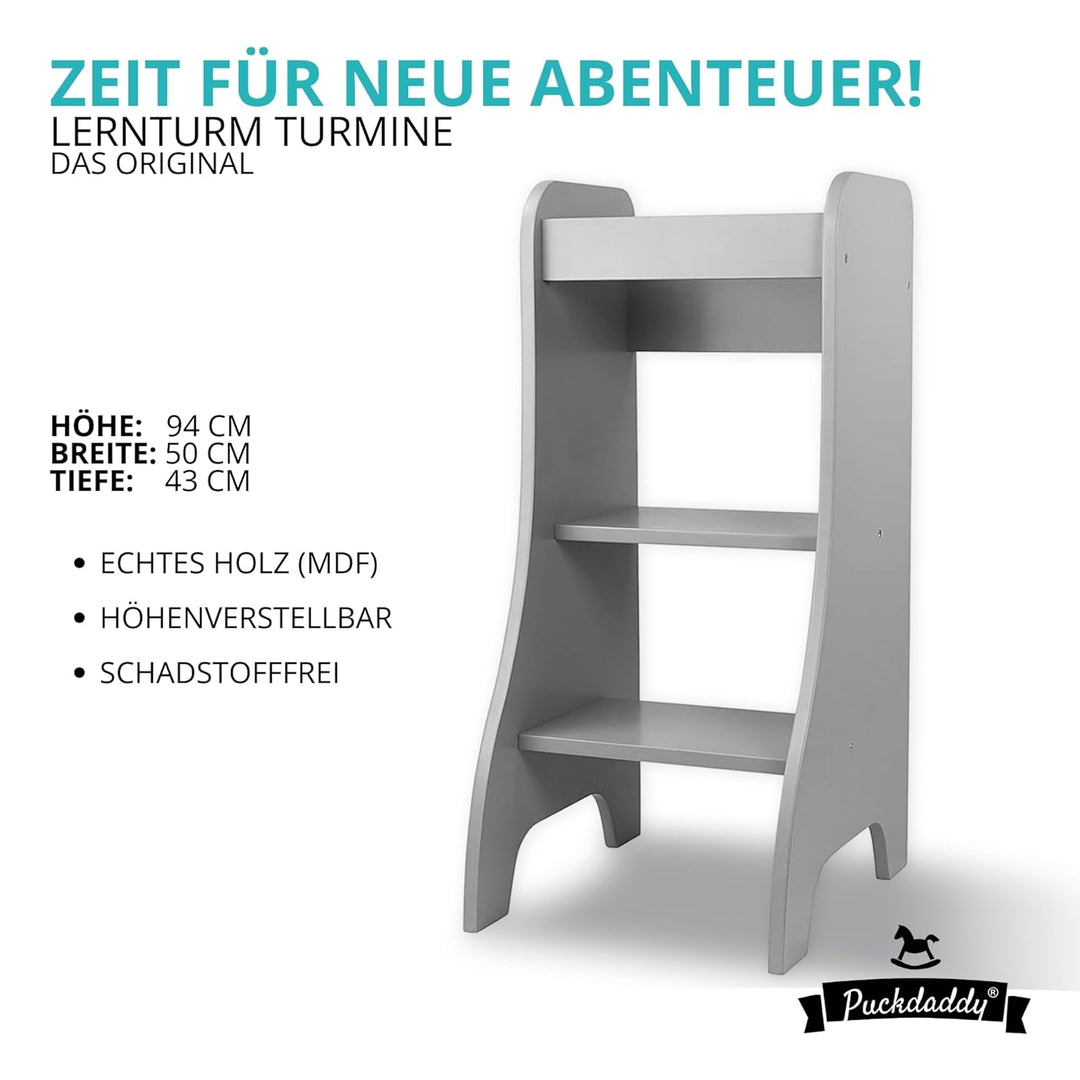 Puckdaddy® Lernturm ab 1 Jahr mit Kippschutz - Grau, 43x50x94 cm - Montessori Learning Tower - Tritt