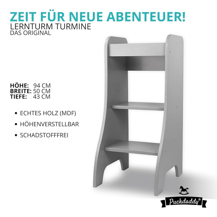 Puckdaddy® Lernturm ab 1 Jahr mit Kippschutz - Grau, 43x50x94 cm - Montessori Learning Tower - Tritt