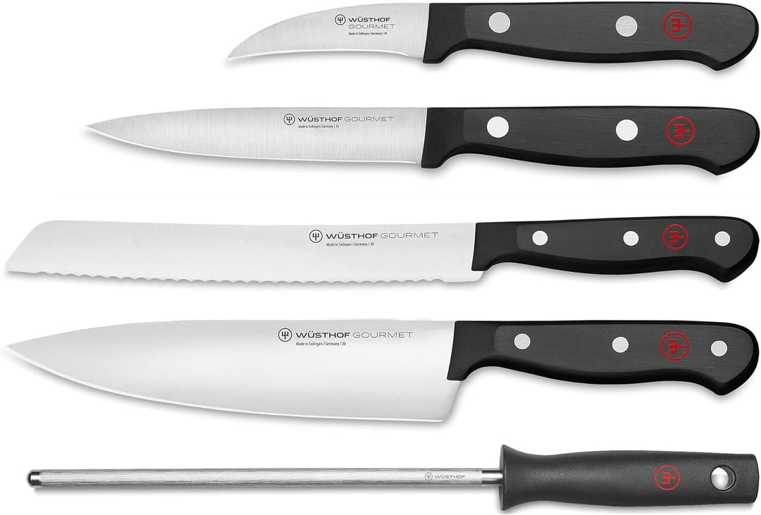 WÜSTHOF Gourmet Messerblock mit 5 Artikeln, 6cm, 10cm, 20cm,18cm, 23cm 4 Kochmesser, Wetzstahl, 4 Ko