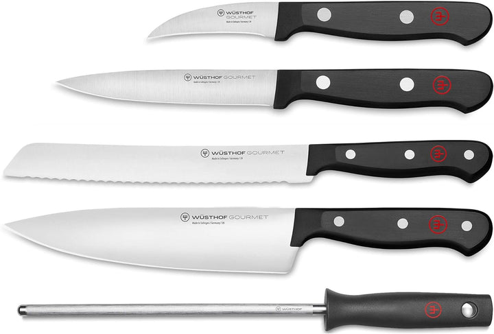 WÜSTHOF Gourmet Messerblock mit 5 Artikeln, 6cm, 10cm, 20cm,18cm, 23cm 4 Kochmesser, Wetzstahl, 4 Ko