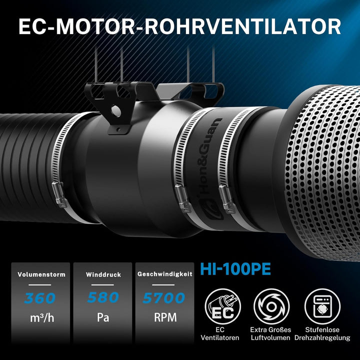 Hon&Guan Abluftset 100mm, Rohrventilator 100mm mit Drehzahlregler, Aktivkohlefilter Grow, Gummikuppl
