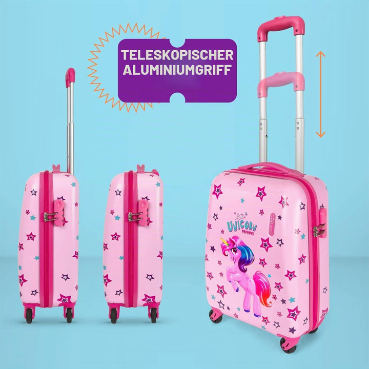 PERLETTI Einhorn Kinderkoffer Rosa - Kinder Trolley Handgepäck Leicht 4 Rollen und Zahlenschloss - H