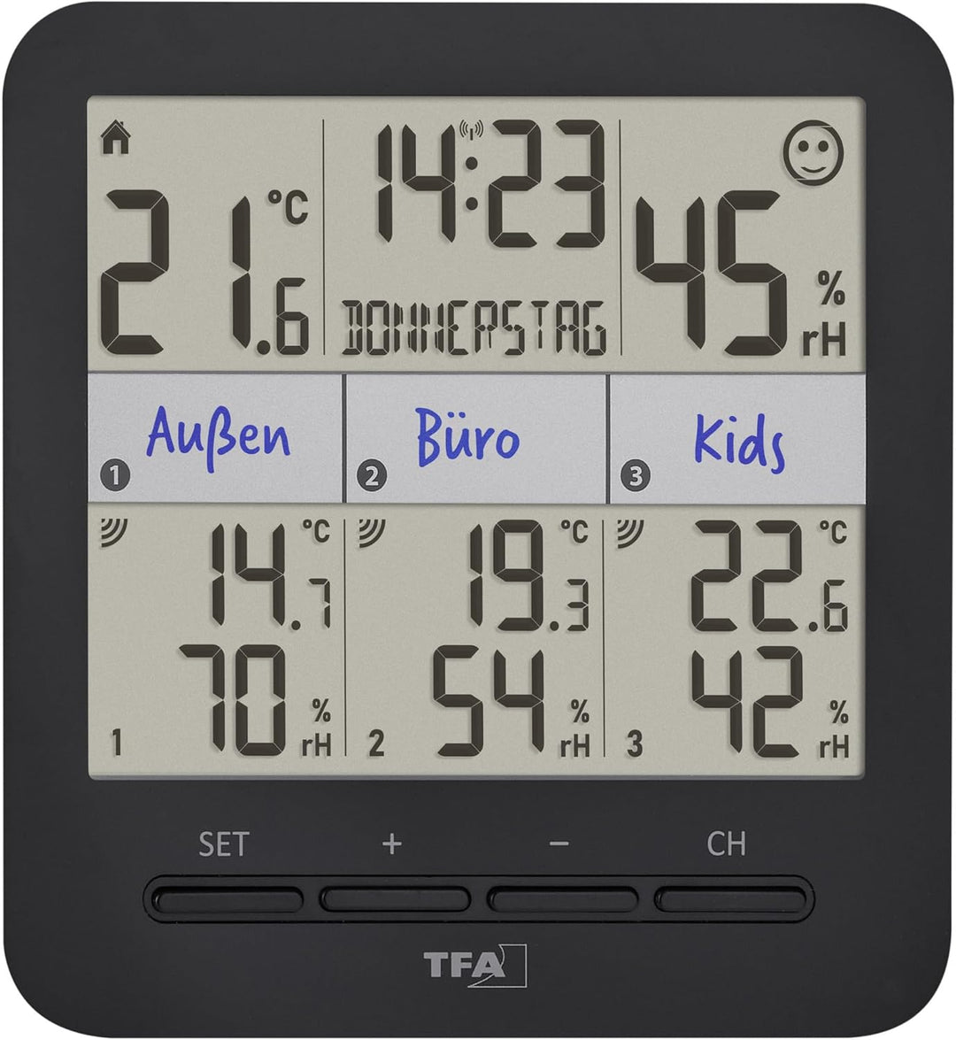 TFA Dostmann Thermo-Hygrometer mit 3 Sendern Klima@Home2, 30.3075.01, Temperatur/Luftfeuchtigkeit in