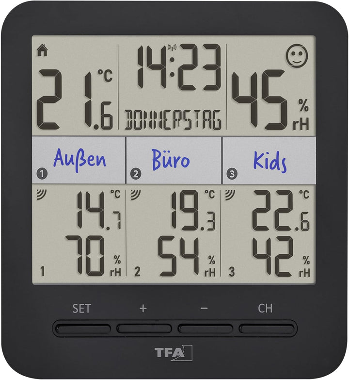 TFA Dostmann Thermo-Hygrometer mit 3 Sendern Klima@Home2, 30.3075.01, Temperatur/Luftfeuchtigkeit in