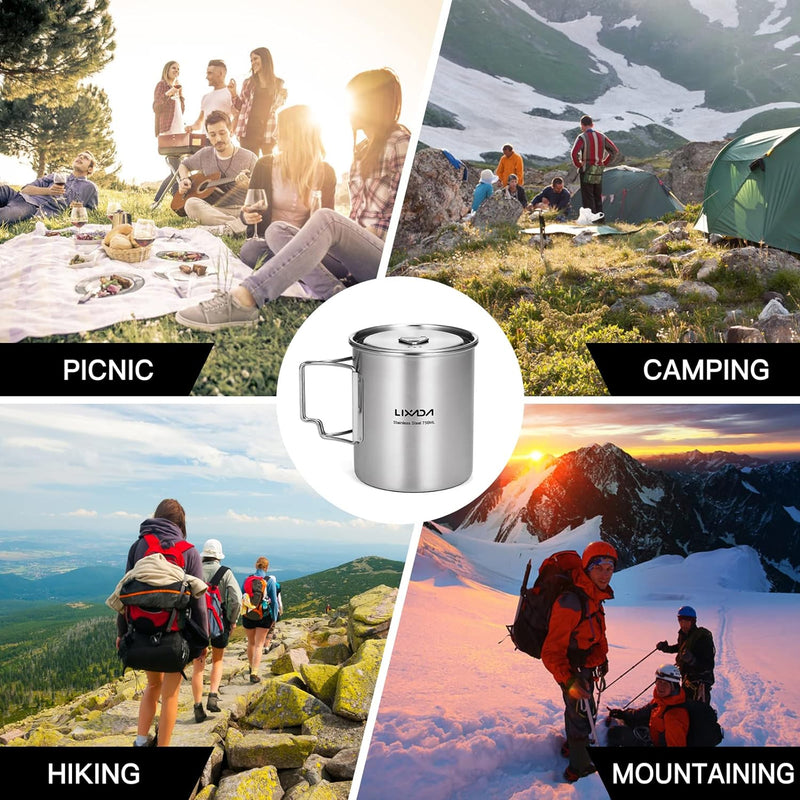 Lixada Camping Topf Edelstahl Titan Tasse Becher 750ml mit Faltbaren Griffe und Deckel Outdoor Kocht