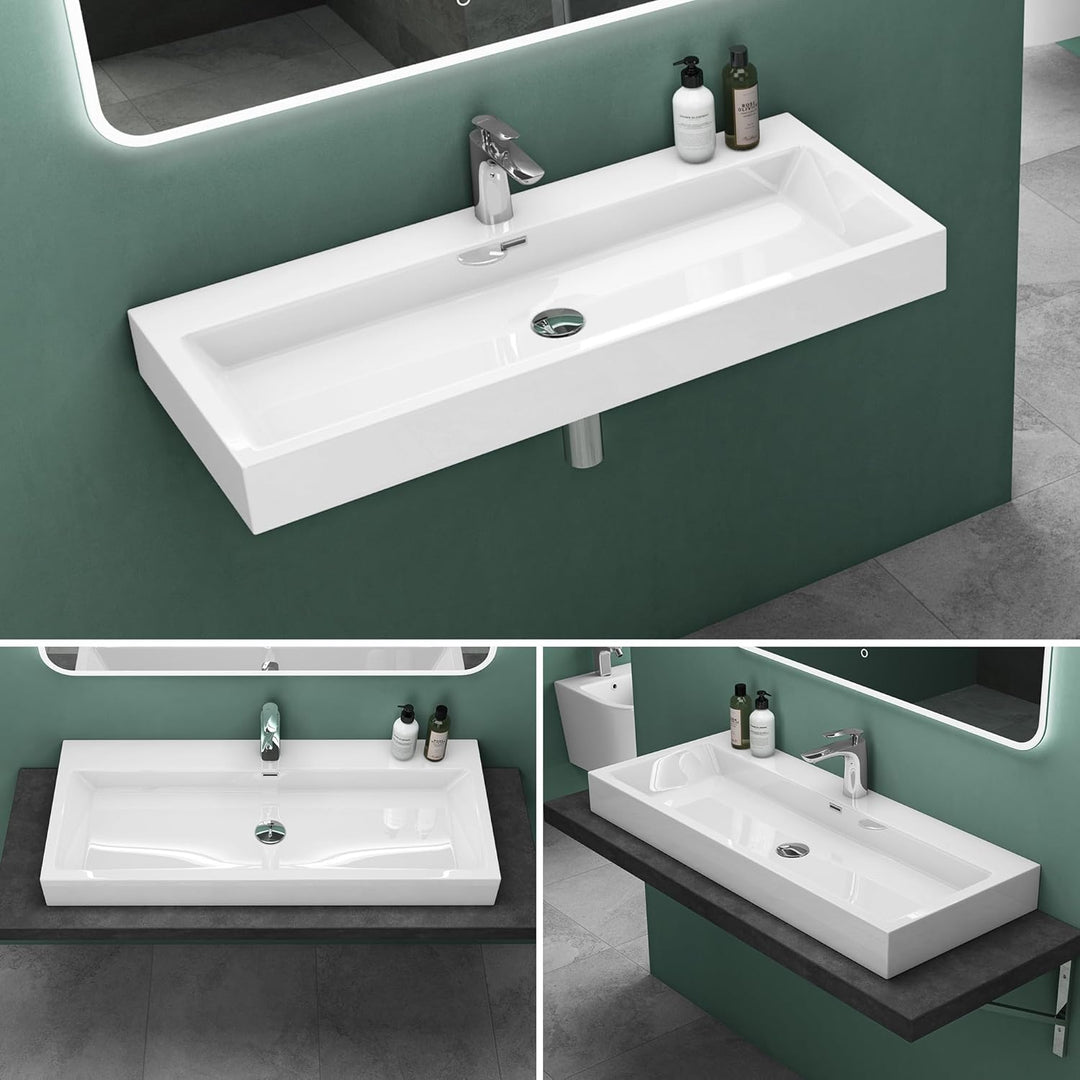 Mai &amp; Mai Breite: 60cm Waschbecken Aufsatz-Waschschale Hänge-Becken Mineralguss in weiss 1 Armaturen