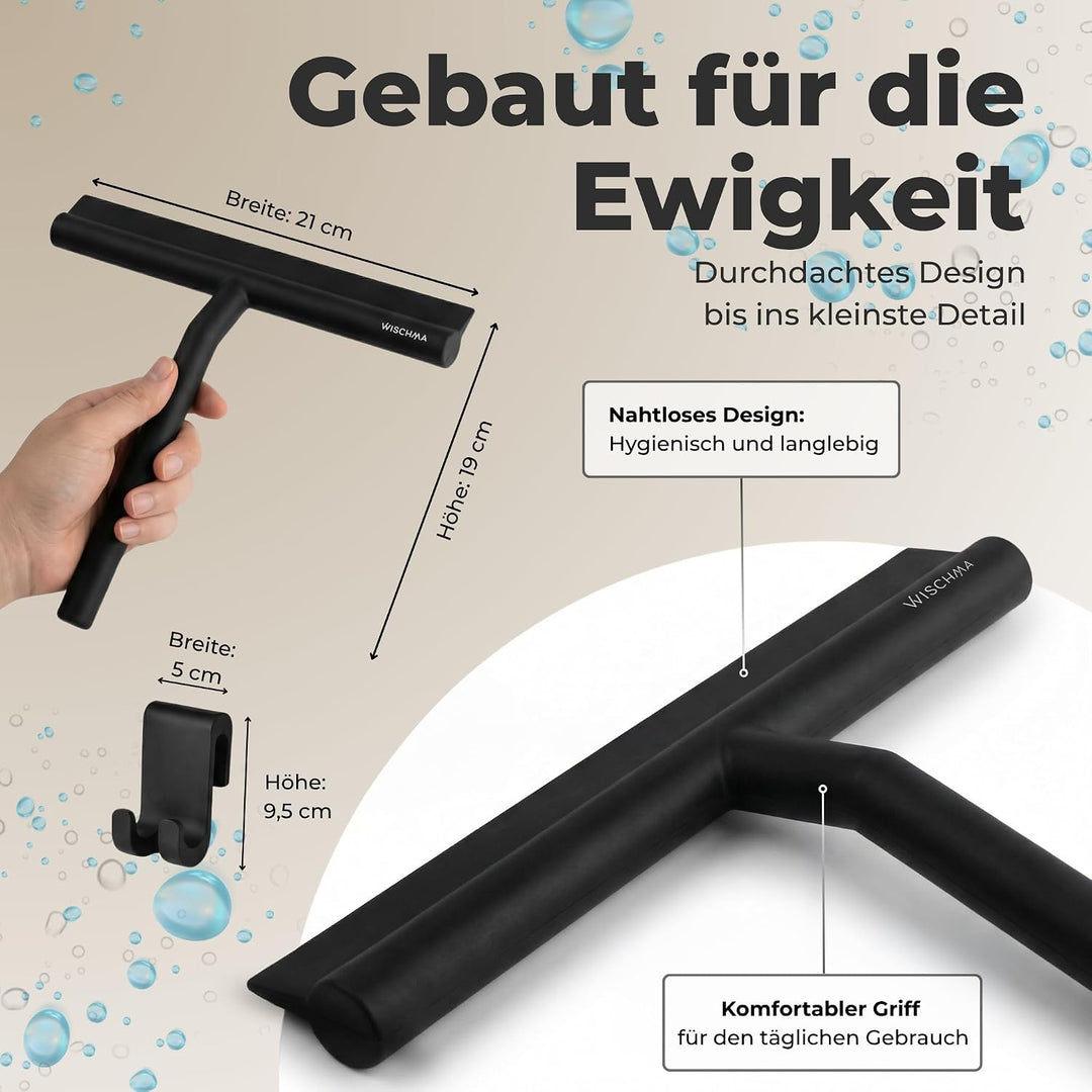 WISCHMA [Das Original] Duschabzieher schwarz Silikon − Abzieher Dusche mit Halterung ohne Bohren − G