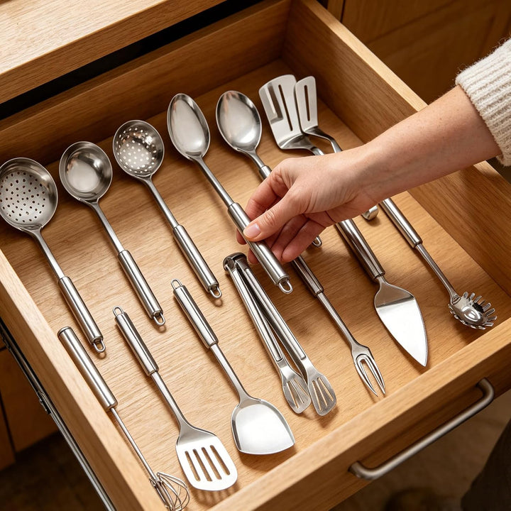 13 Stück Silber Küchenutensilien Set, Titan Silber Beschichtung Edelstahl Kochutensilien Set, Silber