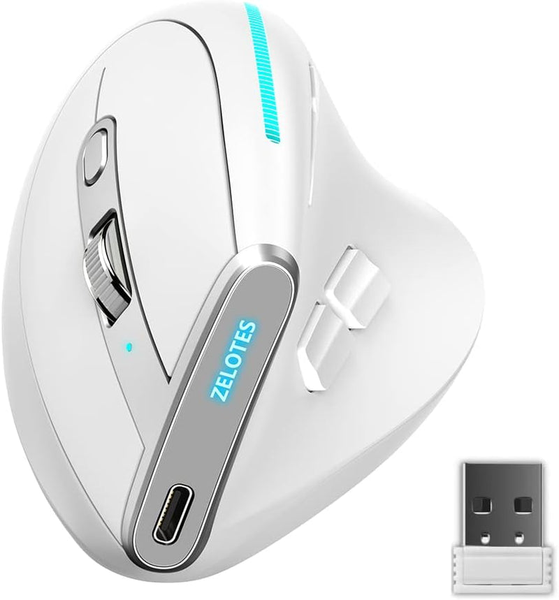 Kabellose Maus, ergonomisch, Bluetooth 5.0 + 2,4 G, USB, 3 Modi, wiederaufladbar, vertikale Maus, 8