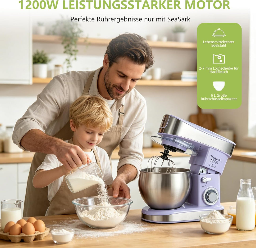 Küchenmaschine, 6 L Knetmaschine 1200W, 6 Geschwindigkeits Küchenmaschine, Teigmaschine mit Rührhake